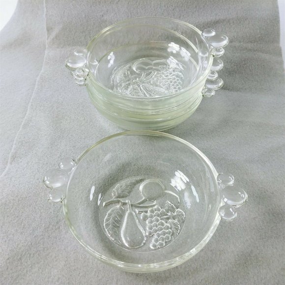 Dessert Bowls Glass Fruit Design on Bottom Bubble Handles Set of 4 - Picture 5 of 8